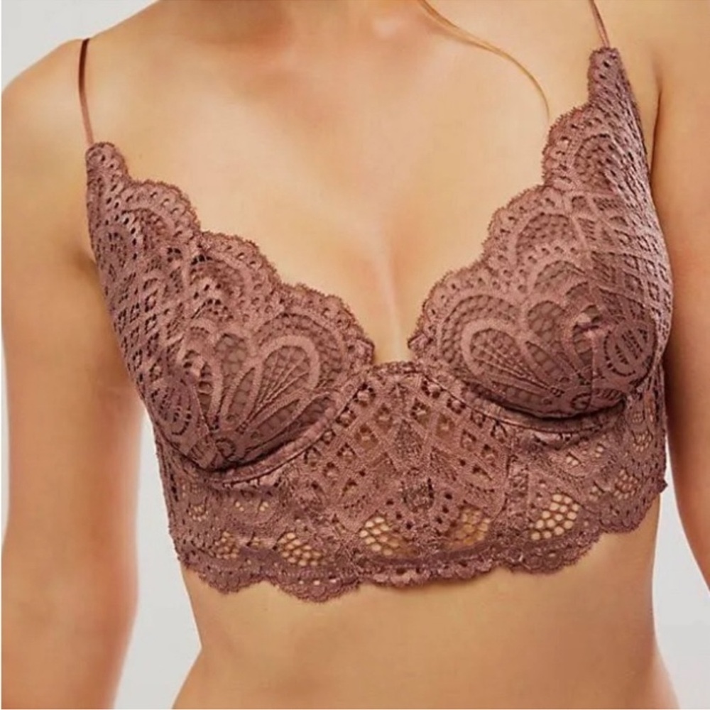 NWT Free People Intimately Lace All Yours Bra Longline Hickory Brown Size Medium